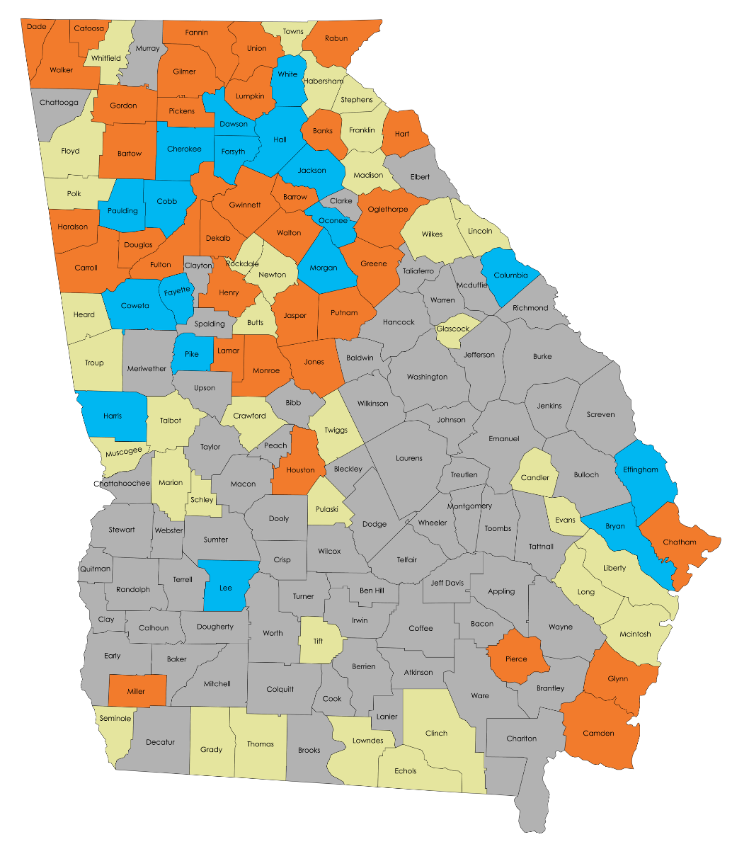 Map of Georgia highlighting counties in orange, blue, and yellow, while the rest are shown in gray. Each county is labeled with its name.
