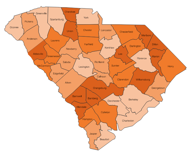 Map of South Carolina divided into counties, each shaded in varying shades of orange to differentiate the county boundaries. County names are labeled within each section.